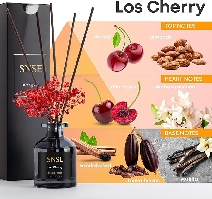 SNSE Los Cherry with Flowers Perfumed Reed Diffuser Set | 3.38 oz Scent Fragrance Oil Diffuser for Bedroom, Bathroom, Home Décor and Gift, Decorative Air Fresheners with Sticks