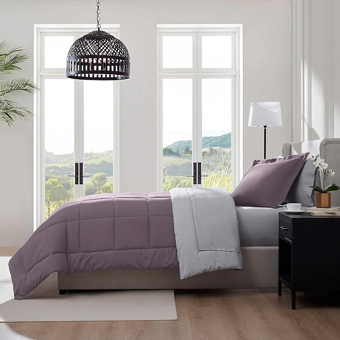 Nestl 7 Piece Twin XL Comforter Set – Dusty Purple Reversible Bed in a Bag – Complete Twin XL Size Bedding Set with Sheets, Set of 2 Cooling Pillows, Pillowcase and Sham