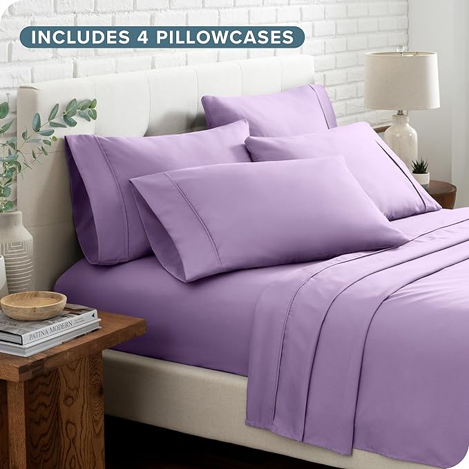 Bare Home Hotel Luxury Split King Sheet Set, Extra Soft, 7 Piece Set, Deep Pockets, Easy Fit, Cooling & Breathable, Wrinkle, Fade, Stain Resistant, Includes 4 Pillowcases (Split King, Lavender)