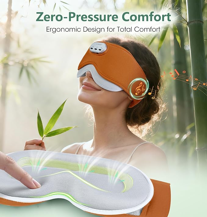 LC-dolida Voice Control Bluetooth Sleep Mask, Bamboo Cotton Bluetooth Sleep Headphones with 3D Zero-Pressure Cups and Timer Setting, Total Blackout Sleep Eye Mask for Side Sleepers (Orange)