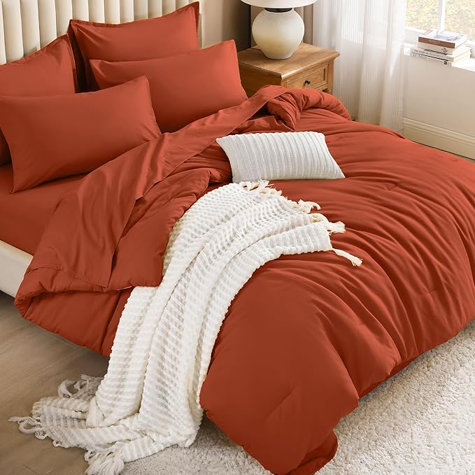 Litanika Oversized Queen Size Comforter Set Burnt Orange - 7 Pieces Bed in a Bag Oversized Beddding Sets, Solid Lightweight Bed Set with Comforter, Sheets, Pillowcases & Shams