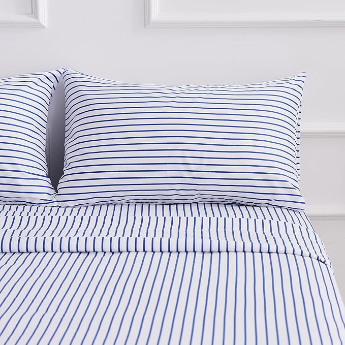 Full Blue Striped Bed Sheet Set 4 Piece with 16-Inch Deep Pockets- Super Soft & Wrinkle Free Stripe Bed Sheets - Hotel Luxury Blue White Striped Pinstripe Bedding for All Season