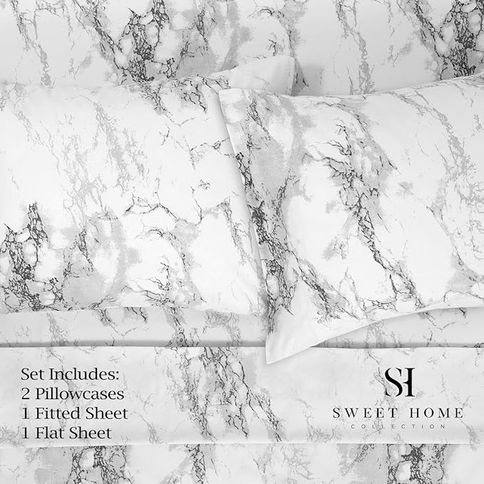 1500 Supreme Collection Extra Soft Marble Print 4-Piece Sheet Set- Luxury Bed Sheets Set with Deep Pocket Wrinkle Free Bedding, Queen Size