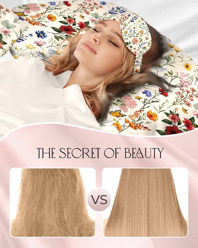 Miss Adola 1Pack Mulberry Silk Pillow Case for Hair and Skin Standard 26"x20" Silk Pillowcase with Eye Mask & Scrunchie Soft Silk Pillowcase Sleeping for Women, Wife, Female - Flower Floral