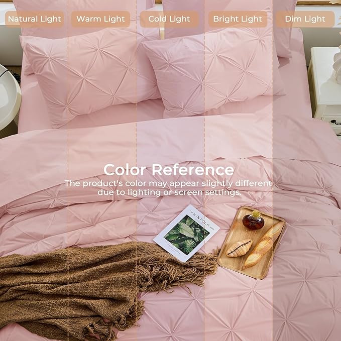 Sasttie Queen Comforter Set, 7-Piece Bed in a Bag, Pintuck Bedding Sets for All Season, Includes Comforter, Flat Sheet, Fitted Sheet, Pillowcases and Pillowshams, Rose Gold