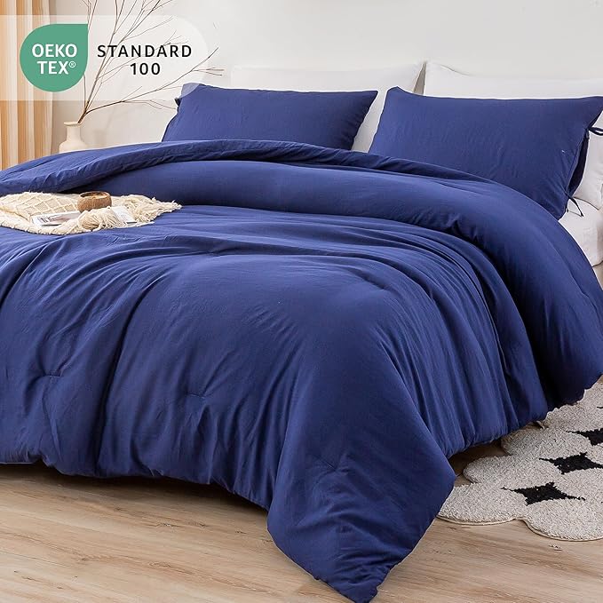 Queen Bed Comforter Set - Super Soft Washed Polycotton Fabric - Cozy Comfy Down Alternative Bed Blanket Comforter Set and Pillowcase Lightweight but Warm for All Season Use - Queen Navy Blue