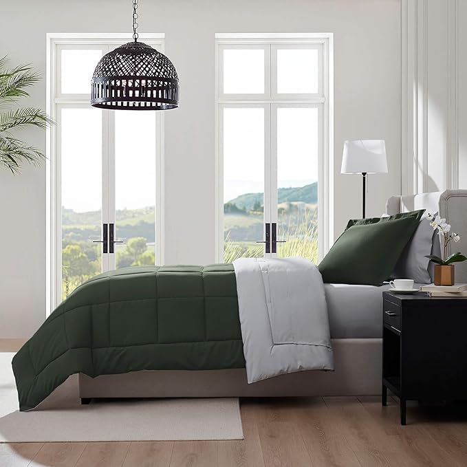 Nestl 7 Piece Twin Comforter Set – Olive Green Reversible Bed in a Bag – Complete Twin Size Bedding Set with Sheets, Set of 2 Cooling Pillows, Pillowcase and Sham
