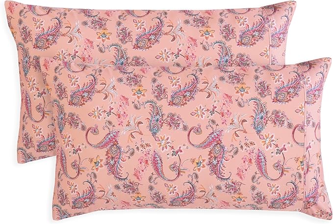 Elegant Comfort Ultra Soft Set of 2 Floral Print Pillowcases - 1500 Premium Hotel Quality Microfiber, Soft and Smooth Envelope Closure 2-Piece Pillow Covers - King, Paisley Coral