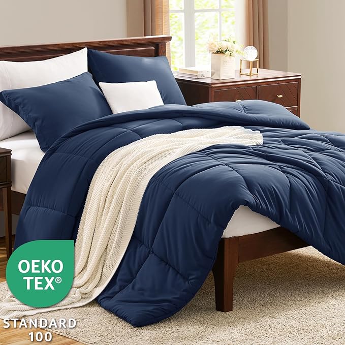 CozyLux Twin/Twin XL Comforter Set Navy Blue - 2 Pieces Box Stitched Twin Bed Set for Teen Boys and Girls with All Season, Soft Bedding Sets with 1 Down Alternative Comforter and 1 Pillow Sham