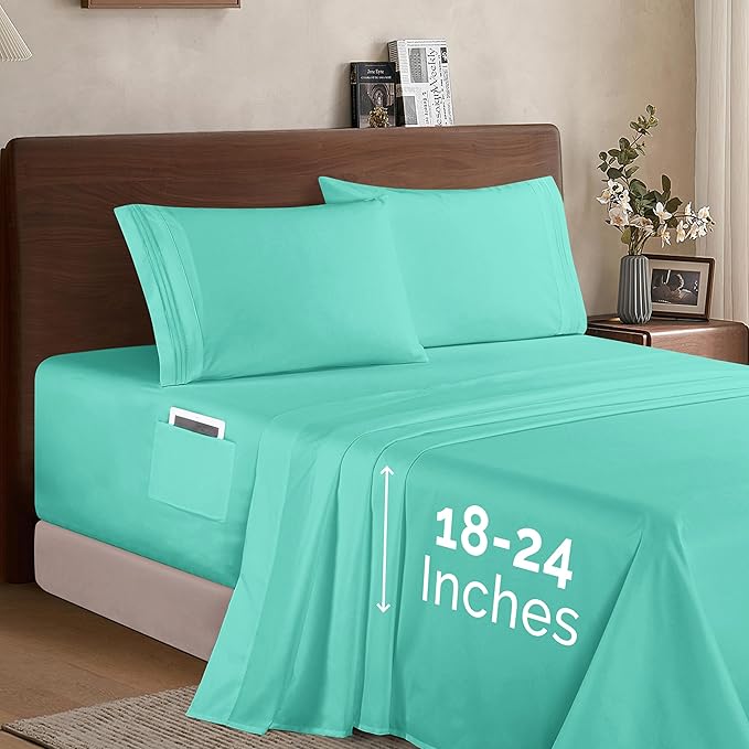 Elegant Comfort Luxury 1500 Premium Hotel Quality Microfiber 4-Piece Sheet Set - Soft, All Around Elastic 18-24 Inches Deep Fitted Sheet - Extra Deep Pocket Sheets, Twin/Twin XL, Paradise Teal