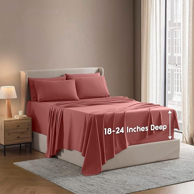 Nestl Extra Deep Full Sheet Set - 6 Piece Breathable & Cooling Sheets - Hotel Luxury Bedding Set w/18-24 Inch Deep Pockets - Easy & Secure Fit - Super Soft, Wrinkle Free & Comfy - Pink Clay