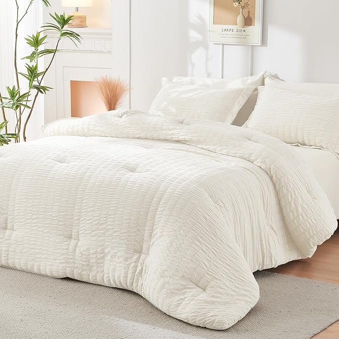 HYMOKEGE Ivory Oversized King Comforter Set Seersucker 7 Pieces, All Season Luxury Bed in a Bag for Bedroom, Bedding Set with Comforter, Sheets, Pillowcases & Shams