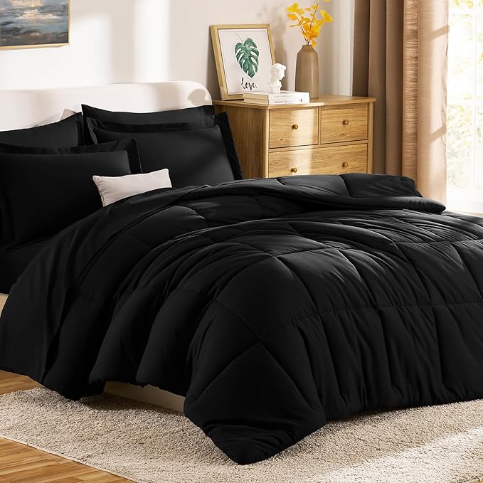 CozyLux Oversized Queen Comforter Sets Black, 7 Pieces Bed in a Bag, 98x98 Box Stitched Design Bedding Set, All Season Luxury Soft Bed Set with Down Alternative Comforter, Sheets, Pillowcases & Shams