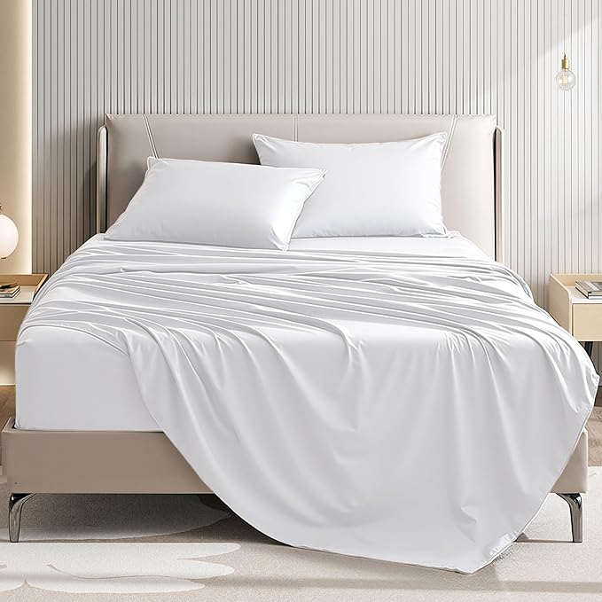Queen Size 4 Piece Sheet Set - Comfy Breathable & Cooling Bed Sheets Set, Soft and Wrinkle Free, Deep Pockets, Easy & Secure Fit, Hotel Luxury Bedding for Women, Men - Oeko-Tex - White