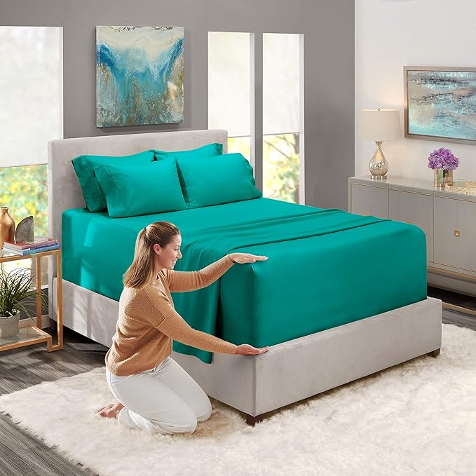 Hearth & Harbor Extra Deep Pocket Sheets - Fits Mattress 18-24 Inches Deep - Extra Deep Pocket Twin XL Sheets Sets - 4 Piece Twin XL Size - Teal