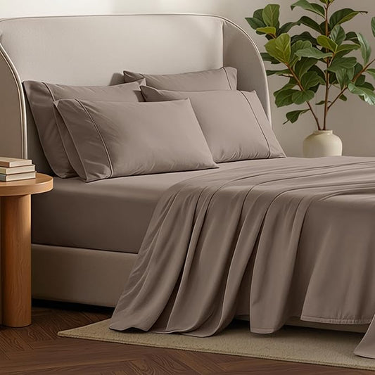 Bare Home Hotel Luxury King Sheet Set, Extra Soft - 6 Piece Set - Deep Pockets - Easy Fit - Cooling & Breathable - Wrinkle, Fade, Stain Resistant - Includes 4 Pillowcases (King, Taupe)