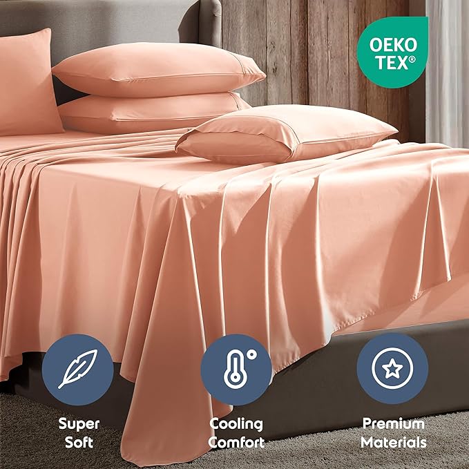 Nestl Extra Deep Full Sheet Set - 6 Piece Breathable & Cooling Sheets - Hotel Luxury Bedding Set w/18-24 Inch Deep Pockets - Easy & Secure Fit - Super Soft, Wrinkle Free & Comfy - Peach Beige