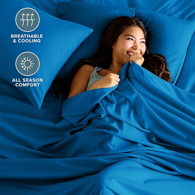 Bare Home Hotel Luxury Twin XL Sheet Set, Extra Soft - 4 Piece Set - Deep Pockets - Easy Fit - Cooling & Breathable - Wrinkle, Fade, Stain Resistant - Includes 2 Pillowcases (Twin XL, Medium Blue)