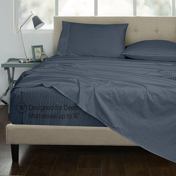 ROYALE LINENS 300 Thread Count 100% Long Staple Combed Cotton Striped Sheet Set - 4 Piece Queen Bed Sheets - 1 Fitted, 1 Flat & 2 Pillow Cases - Soft Cool & Crisp Sheet Set (Queen, Stripe Navy)