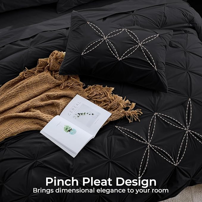 Sasttie Twin Comforter Set, 5-Piece Bed in a Bag, Pintuck Bedding Sets for All Season, Includes Comforter, Flat Sheet, Fitted Sheet, Pillowcase and Pillowsham, Black