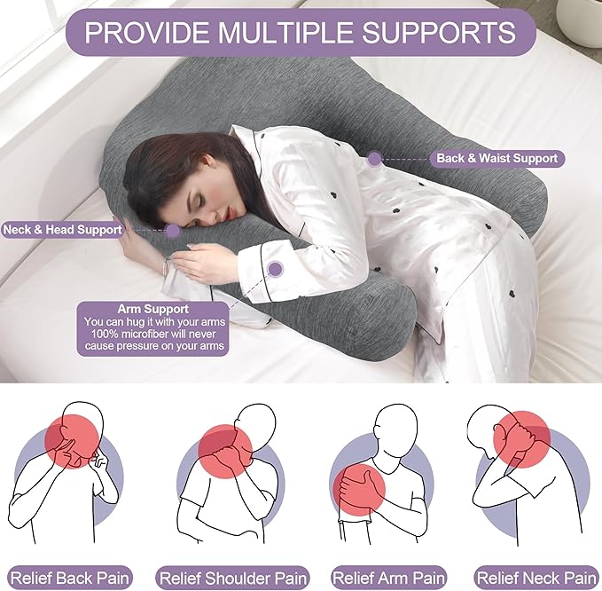 HOMBYS Cooling U Shaped Pillow for Neck, Contour Shoulder Pillow for Side Sleepers, Ergonomic Body Pillows for Adults, Hug Pillow with Washable Cover for Back, Shoulder Pressure Reduce (Dark Grey)