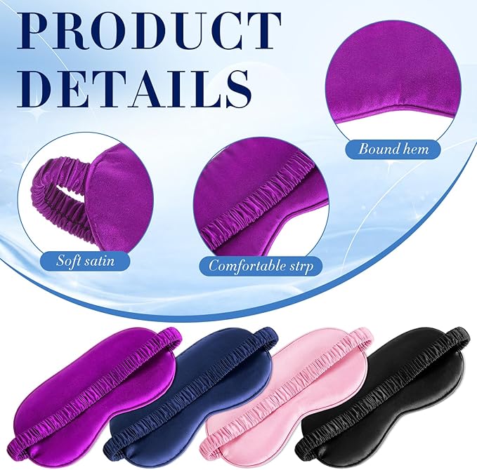 Cutecrop 12 Pcs Silk Sleep Masks Soft Satin Eye Masks with Adjustable Elastic Strap for Sleeping Comfortable Blindfold Eyeshade for Men Women Nap Night Travel Gifts (Pink, Black, Navy Blue, Purple)