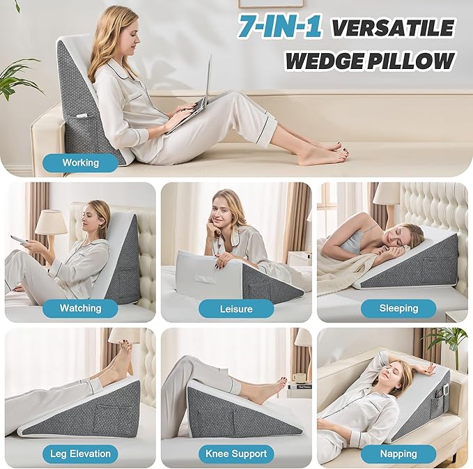 7.5 Inch Wedge Pillow for Sleeping - Bed Wedge for Headboard Triangle Pillow, Memory Foam Wedges for Acid Reflux, GERD, Snoring, Post Surgery Back Pain Relief, Leg Elevation, Washable Cover