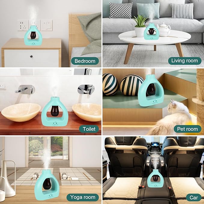 HAPPTWS Waterless Essentil Oil Diffuser Set - Cordless Diffuser 3 Timer Settings Battery Operated for Bedroom Yoga Studio Bathroom Pet Room-Blue