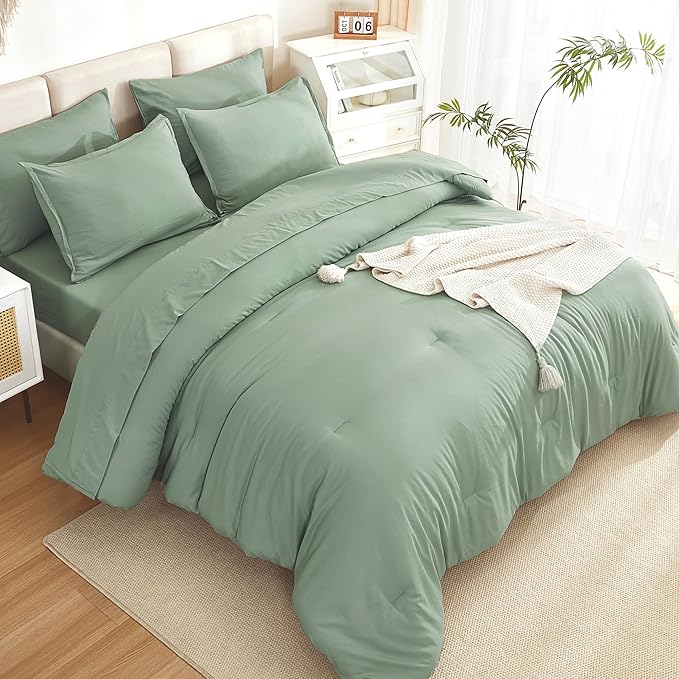 Litanika Comforter Queen Size Set Sage Green - 7 Pieces Bed in a Bag Queen Bedding Comforter Sets, Plain Lightweight Bed Set with Comforter, Sheets, Pillowcases & Shams