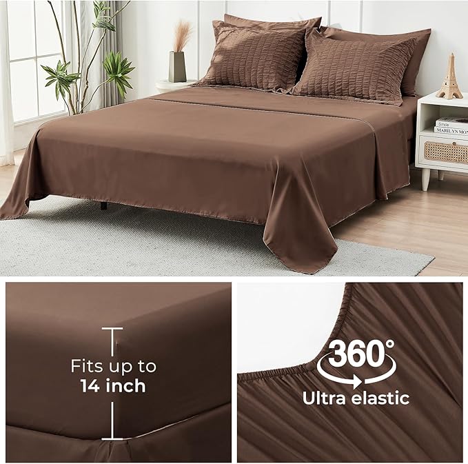 HYMOKEGE Dark Brown California King Comforter Set Seersucker 7 Pieces, All Season Luxury Bed in a Bag for Bedroom, Bedding Set with Comforter, Sheets, Pillowcases & Shams