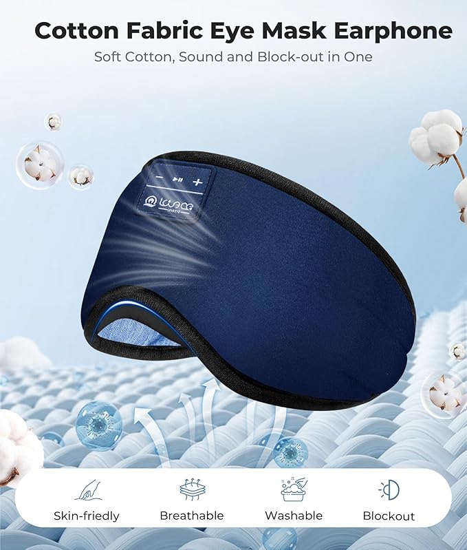 LOVE EYE Sleep Headphones Bluetooth 5.4 Sleeping Eye Mask Wireless Music Earphones with HD Speakers for Side Sleepers Total Blackout Cotton Mask for Travel, Office, Unique Gifts (Dark Blue)