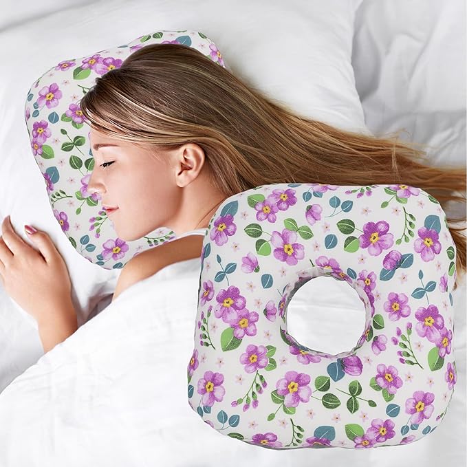 Ear Piercing Pillow for Side Sleepers, Pillow with an Ear Hole for CNH and Ear Pain Ear Inflammation Pressure Sores, O-Shaped Side Sleeping Pillow, Ear Guard Pillow (Purple Flowers)