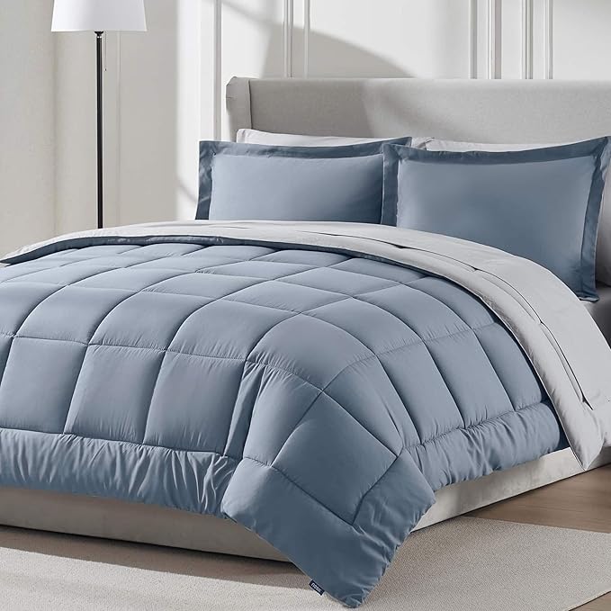 Nestl 9 Piece California King Comforter Set – Stone Blue Reversible Bed in a Bag – Complete Cal King Size Bedding Set with Sheets, Set of 2 Down Alternative Pillows, Pillowcases and Shams