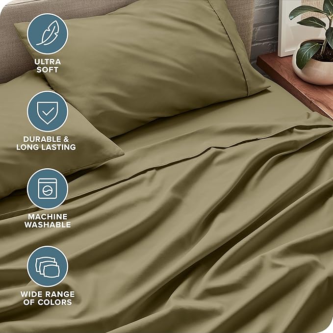 Bare Home Split Head Flex King Sheet Set - 1800 Ultra-Soft Microfiber Bed Sheets - Double Brushed - Deep Pockets - Easy Fit - 4 Piece Set - Bedding Sheets & Pillowcases (Olive)