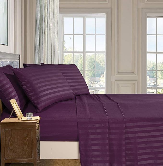 Elegant Comfort Best, Softest, Coziest 6-Piece Sheet Sets! - 1500 Premier Hotel Quality Luxurious Wrinkle Resistant 6-Piece Damask Stripe Bed Sheet Set, California King Eggplant/Purple