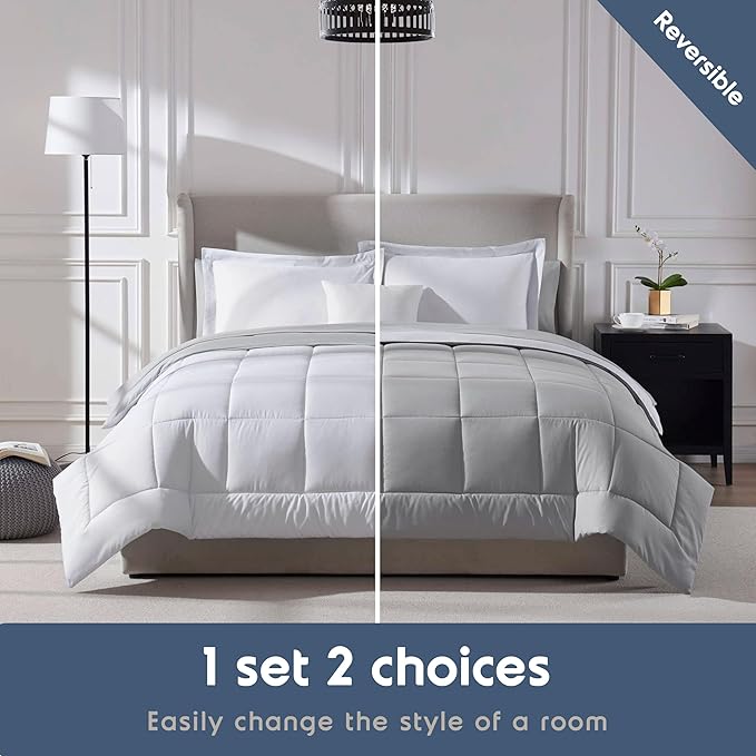 Nestl 9 Piece California King Comforter Set – White Reversible Bed in a Bag – Complete Cal King Size Bedding Set with Sheets, Set of 2 Down Alternative Pillows, Pillowcases and Shams