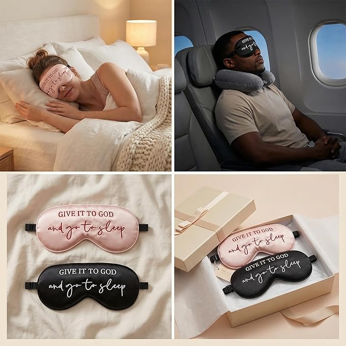 Sleep Mask Set of 2, “Give It to God and Go to Sleep” Comforting Embroidered Eye Mask, Adjustable Soft Sleeping Mask for Men Women, Blindfold to Let Go of Worries and Sleep Peacefully (Black&Pink)