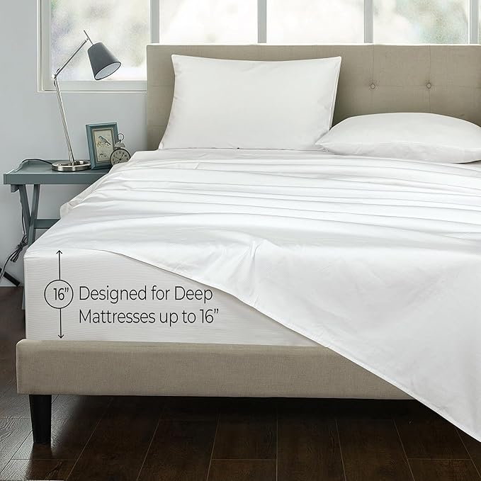 Royale Linens 300 Thread Count 100% Long Staple Combed Cotton Stripe Sheet Set - 4 Piece Queen Bed Sheets - 1 Fitted, 1 Flat & 2 Pillow cases - Soft Cool & Crisp Sheet Set (Queen, Narrow Stripe White)