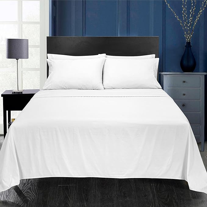 ROYALE LINENS 1500 Thread Count Poly/Cotton Cooling Sateen Sheet Set - 6 Piece Queen Bed Sheets - 1 Fitted, 1 Flat, 4 Pillow Cases -Soft Cool & Crisp Sheet Set (Queen, Bright White)