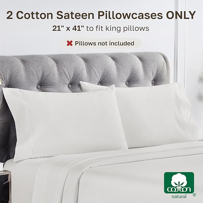 California Design Den Pillow Cases King Size Set of 2 - Luxury 1000 Thread Count Sateen, Soft & Thick 100% Cotton King Size Pillows Cases, Breathable Bedding - True Ivory