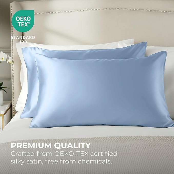 Pure Bedding Satin Pillowcase 2 Pack - King Size (20"x40", Baby Blue) - Silky Pillow Cases for Hair and Skin - Satin Pillow Covers with Envelope Closure - Extra Soft Premium Microfiber