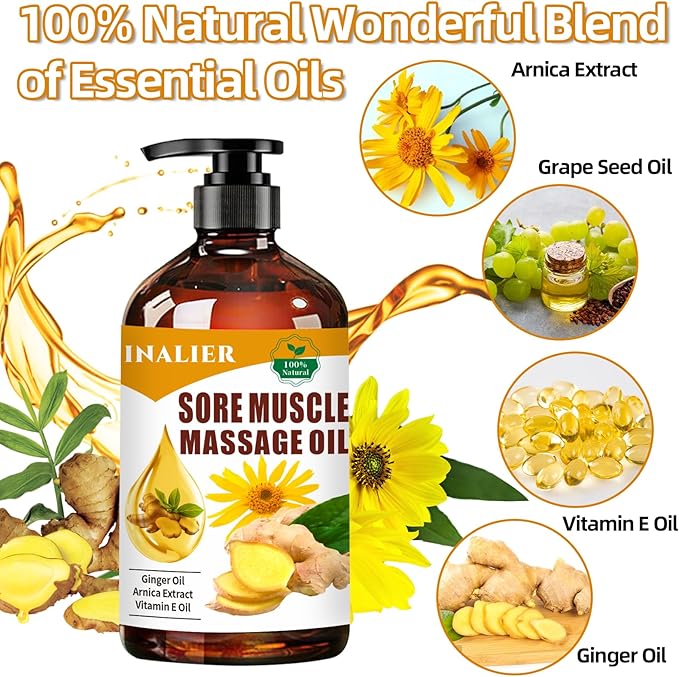 INALIER Sore Muscle Massage Oil,Gift for Husband Dad Boyfriend,Relaxing Massage Oil,Arnica Oil,Massages Oil for Massage Therapy,Gifts for Men and Women,Spa Gifts for Him Her