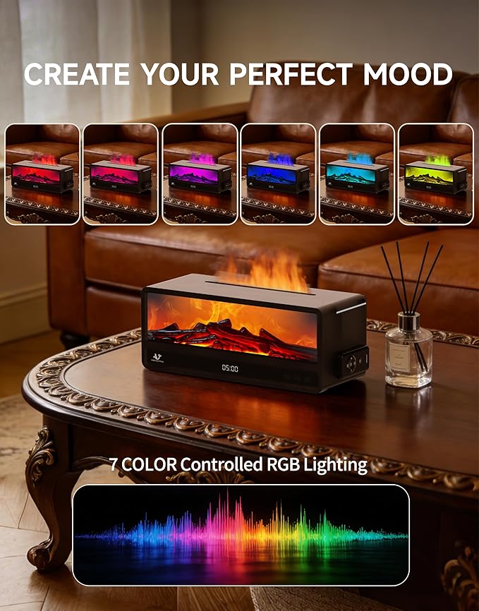 Essential Oil Diffuser, 250Ml Aromatherapy Diffuser with Realistic Flame Effect, 7 Color LED Lights, Remote Control, Quiet Mist for Bedroom Home Office (Black)
