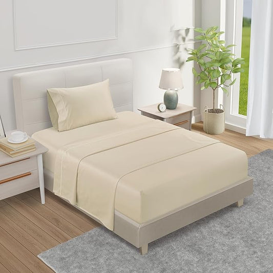 100% Cotton Sheets For Twin Bed, 800TC Sateen Weave 3PC Fully Elasticated Twin Fitted Sheet & Pillowcase Sets, 15" Deep Pocket Sheets Machine Washable, Naturally Cool & Breathable- Ivory