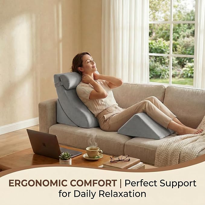 Axelrod 4PCS Orthopedic Bed Wedge Pillow Set, Post Surgery Foam for Back, Neck and Leg Pain Relief Comfortable & Adjustable Ortho Pillows- Anti Snoring, Heartburn, Acid Reflux & GERD Sleeping Grey
