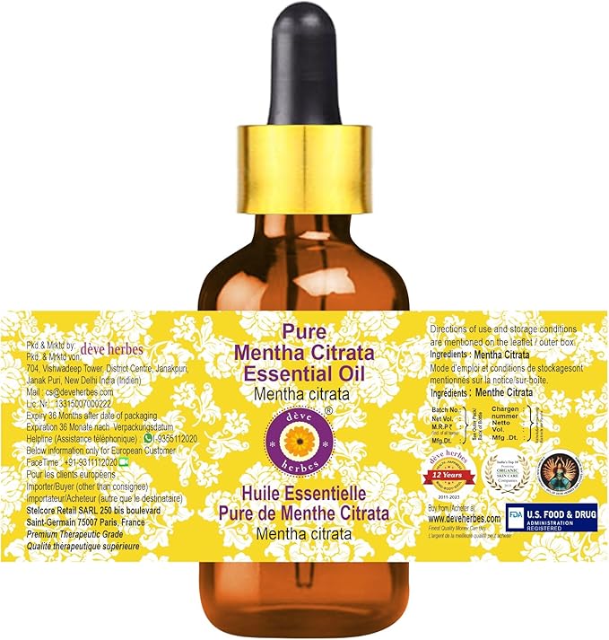 Deve Herbes Pure Mentha Citrata Essential Oil (Mentha citrata) with Glass Dropper Steam Distilled 15ml (0.50 oz)