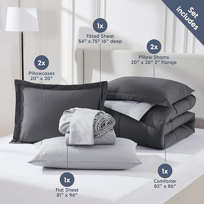Nestl 9 Piece Full Comforter Set – Dark Grey Reversible Bed in a Bag – Complete Full Size Bedding Set with Sheets, Set of 2 Down Alternative Pillows, Pillowcases and Shams