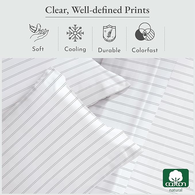 California Design Den Full Sheet Set Stripe, 100% Cotton, Deep Pocket Full Sheets & Pillowcase Set, Soft Sateen Weave - Classic Stripe