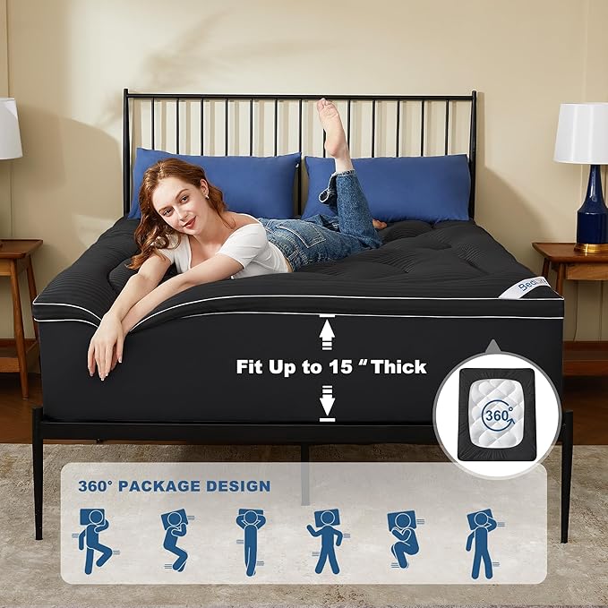 BEDLORE Twin Mattress Topper, Thick Pillow Top Pad for Back Pain Relief, Soft Mattress Cover with Deep Pockets 6-15 inch(Black)
