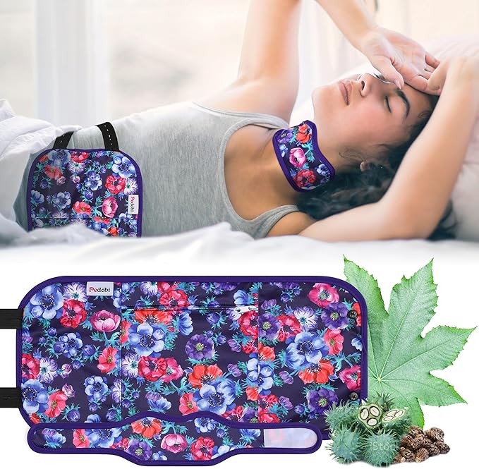 Reusable Castor Oil Pack Wrap for Liver Detox, Castor Oil Wrap for Stomach Less Mess, Elastic Strap Bamboo Cotton Machine Washable Anti Oil Leak 2pcs, Red Flower